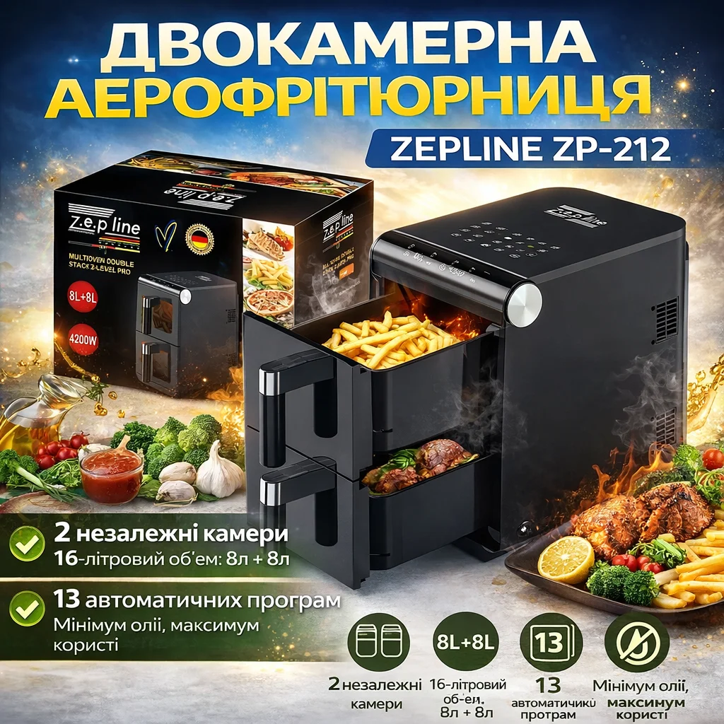 Аерофритюрниця Zepline ZP-212 двокамерна, 8 л + 8 л, 4200 Вт