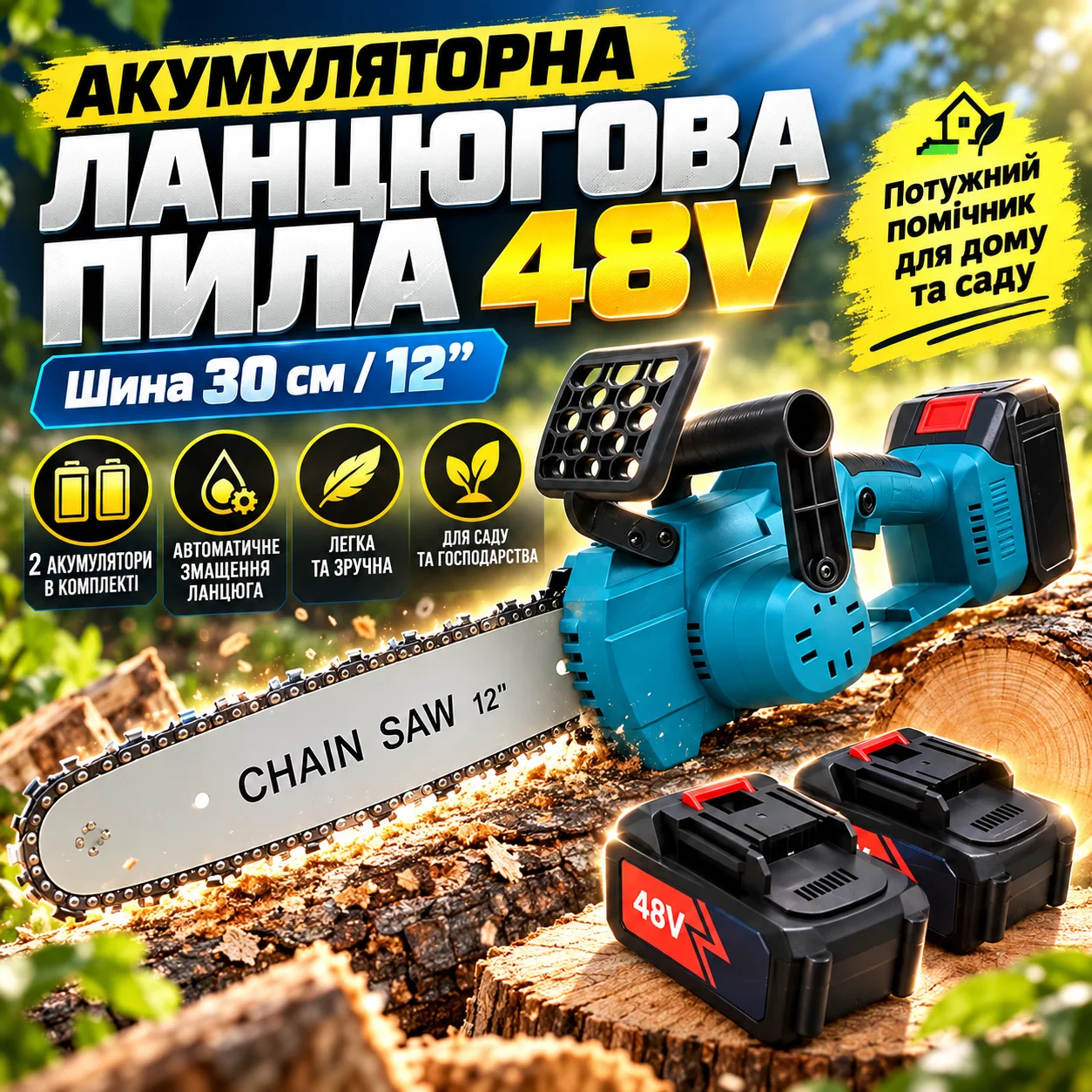 Акумуляторна ланцюгова пила Makita 48 В з масляним баком, шина 30 см, на 2 акумулятори, садова електропила 12| KW