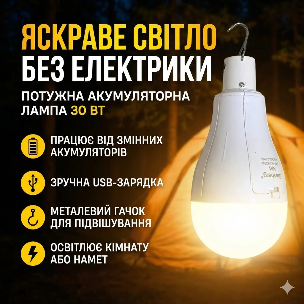 Акумуляторна LED-лампа Rainberg P921 30 Вт (1500 лм, 2x18650) — Підвісний аварійний світильник з USB зарядкою