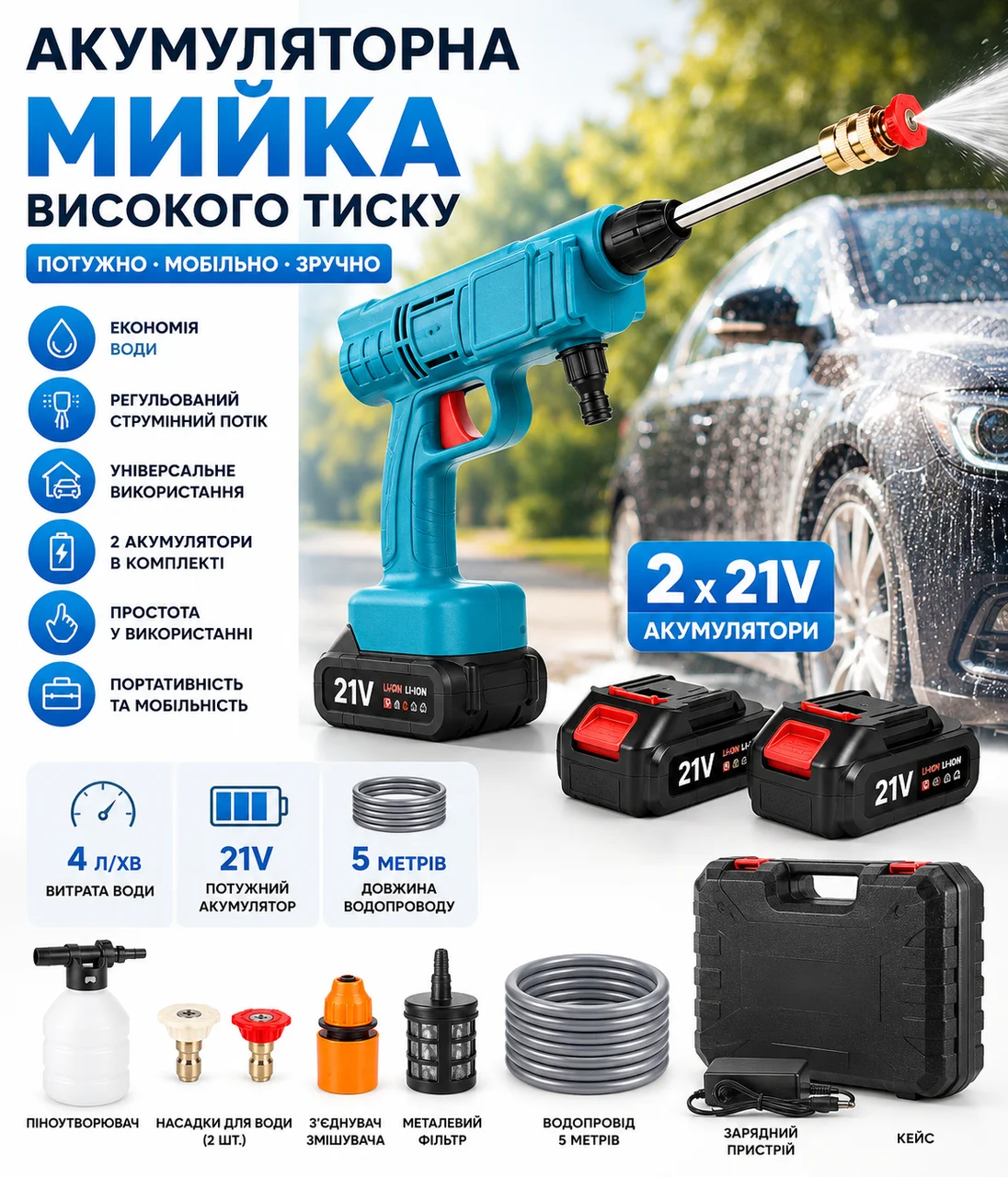 Акумуляторна мийка високого тиску з двома акумуляторами 21V, синя