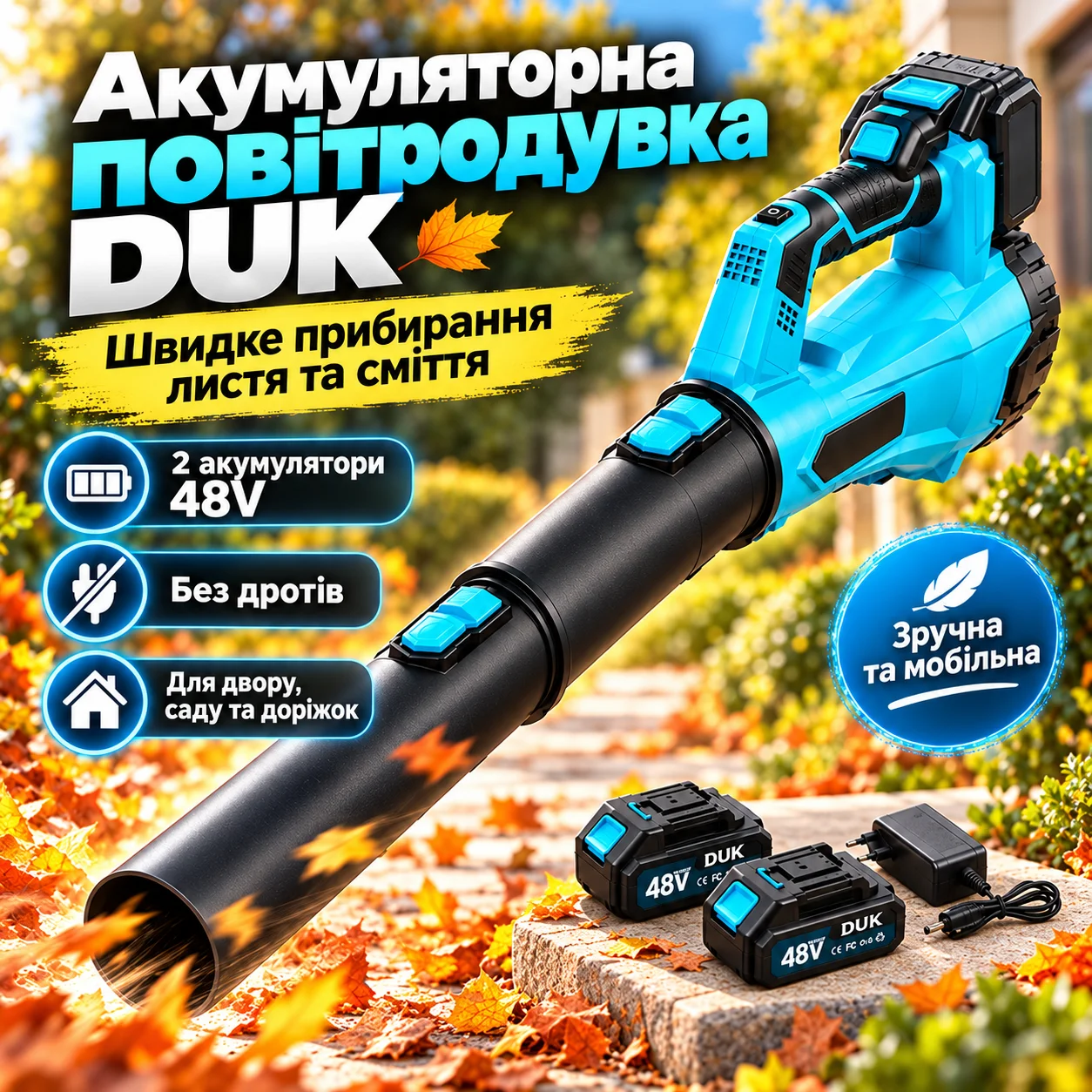 Акумуляторна повітродувка Blower DUK 48 В, 2 акумулятори, синя