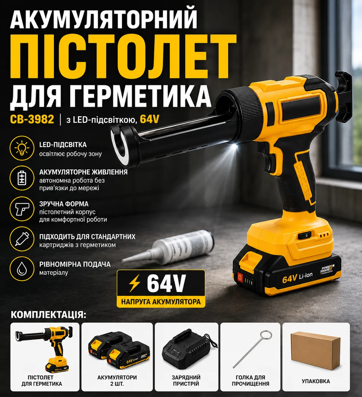 Акумуляторний пістолет для герметика CB-3982 з LED-підсвіткою, 64V