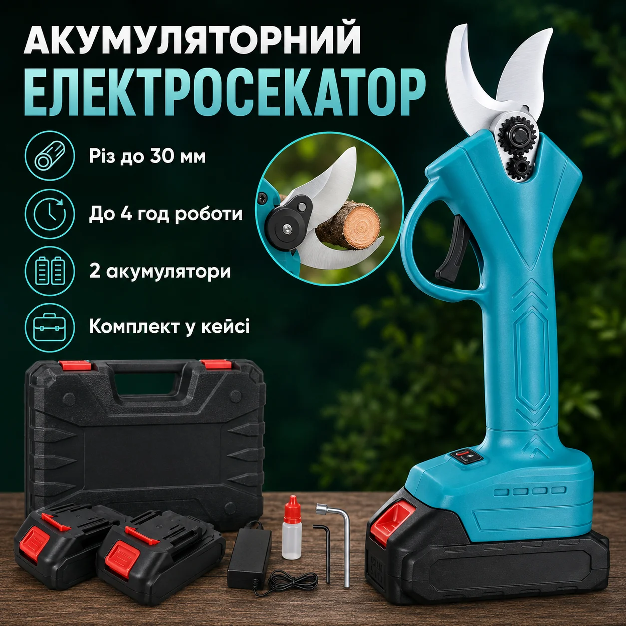 Акумуляторний садовий секатор у кейсі з двома акумуляторами