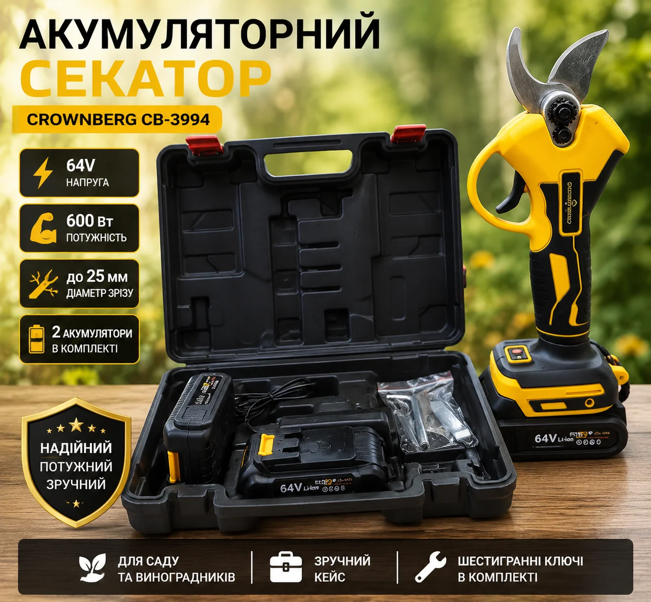 Акумуляторний секатор Crownberg CB-3994 з кейсом