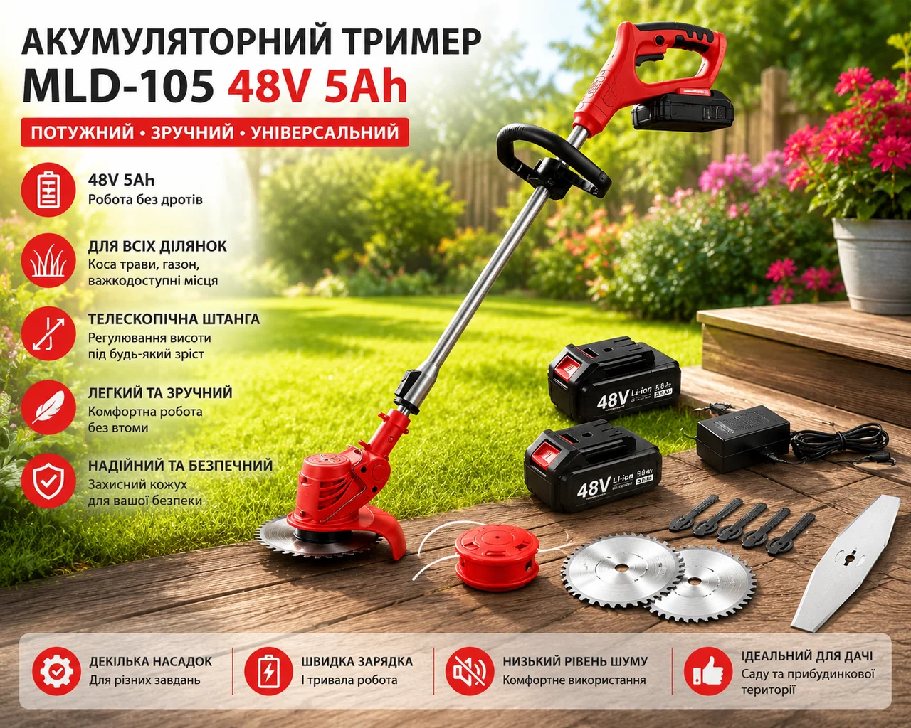 Акумуляторний тример MLD-105 48 V 5 Ah з 2 акумуляторами
