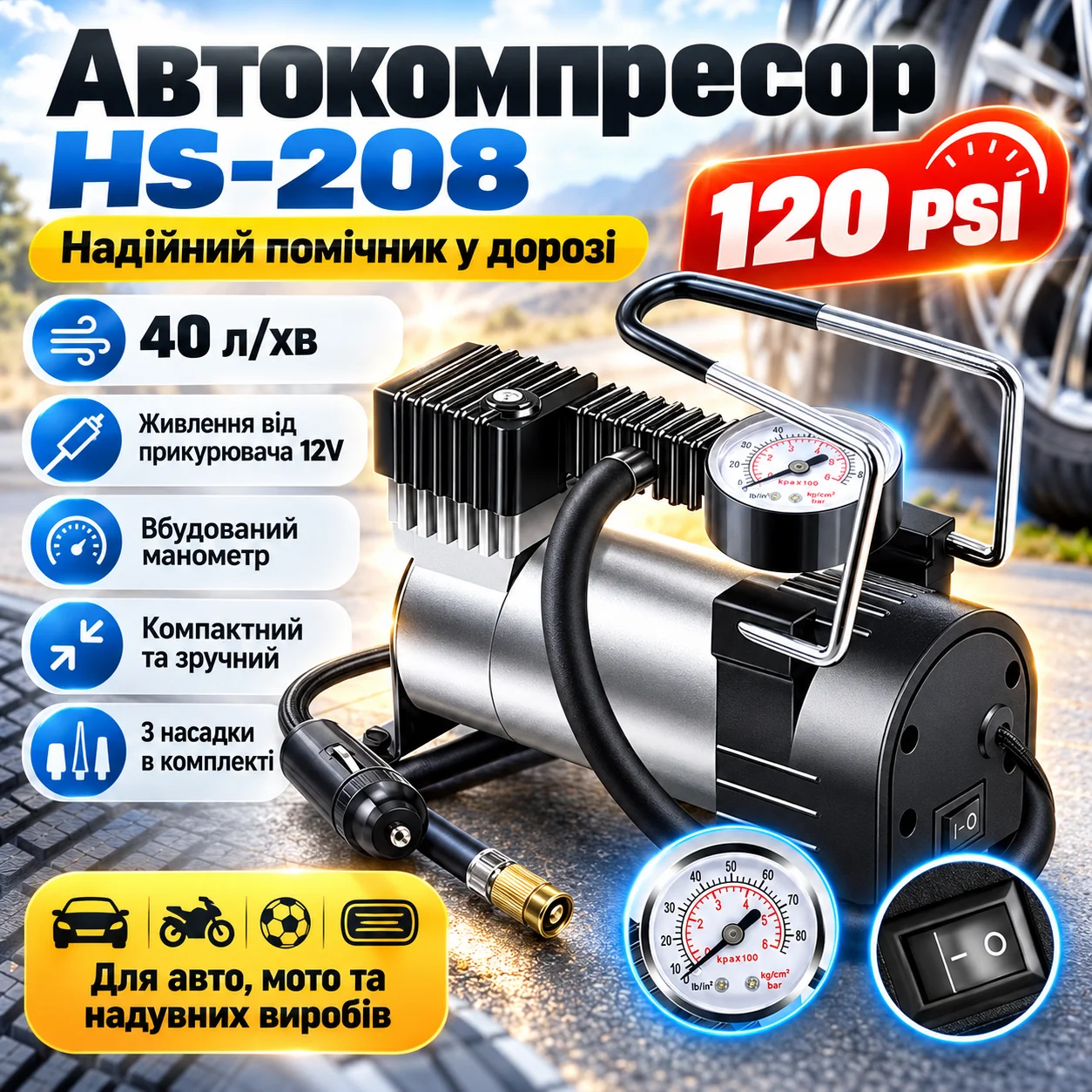 Автомобільний компресор від прикурювача HS-208