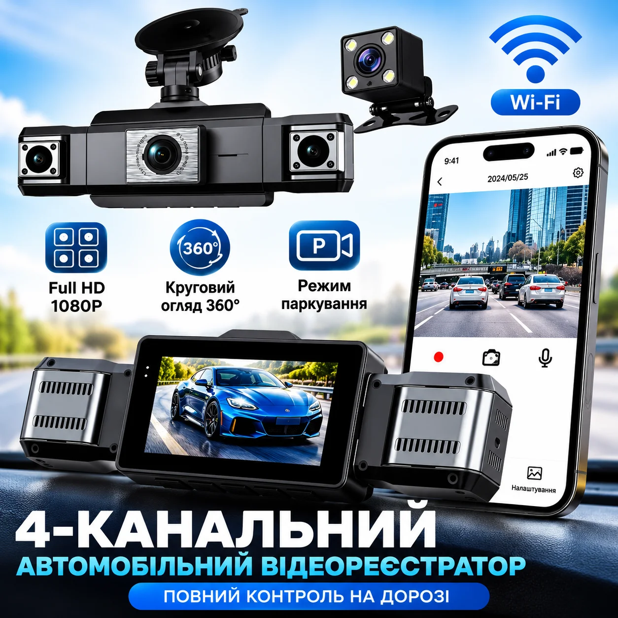 Автомобільний відеореєстратор 4/3-канальний Full HD 1080P, з поворотними камерами 360°, екраном і підтримкою карти пам'яті до 128 ГБ