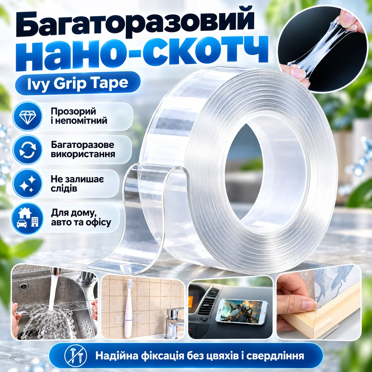 Багаторазова прозора двостороння нано-скотч стрічка Ivy Grip Tape