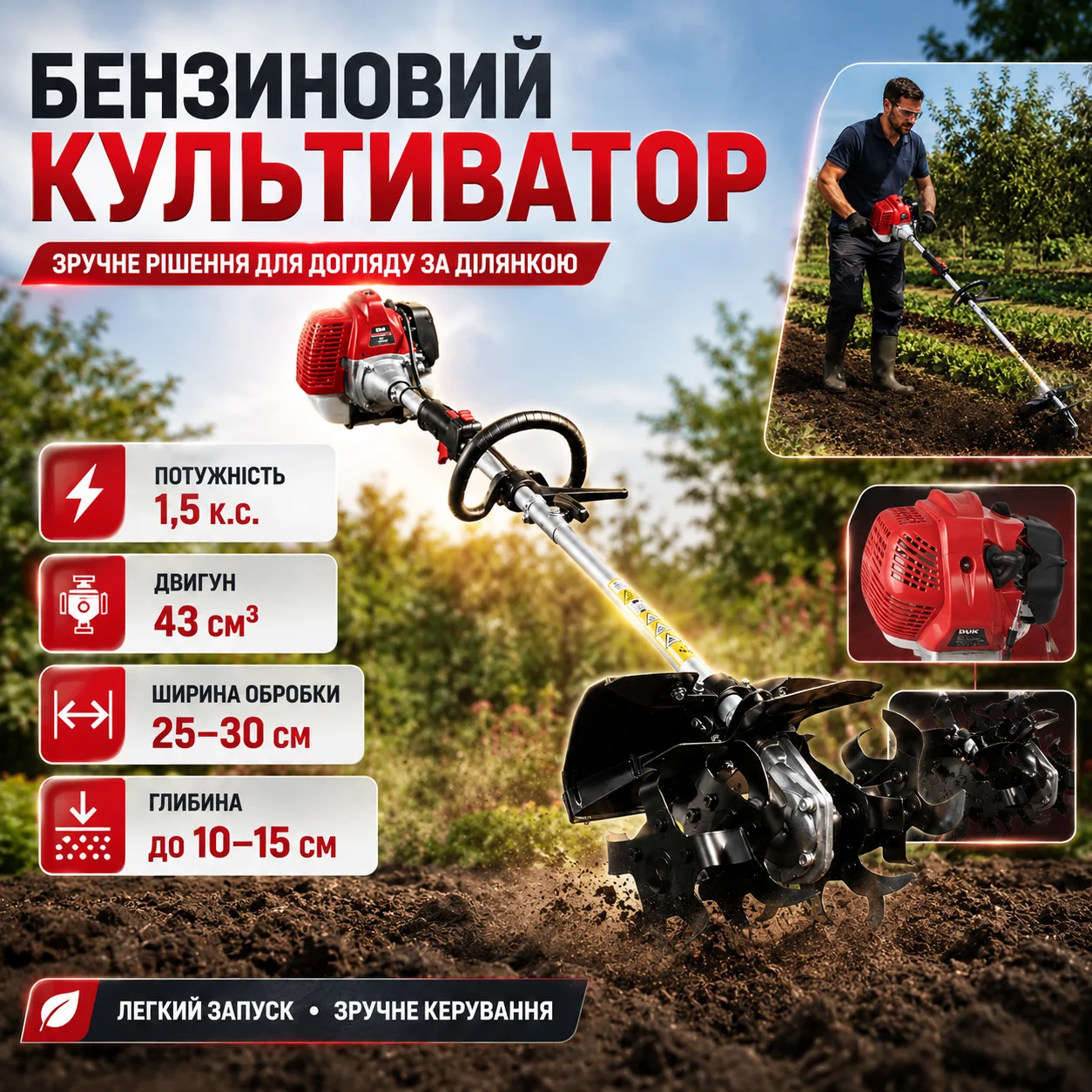 Бензиновий культиватор 43 см³, червоний