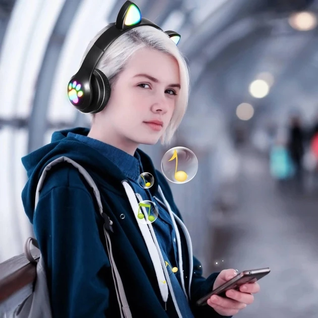 Бездротові дитячі Bluetooth-навушники з котячими вушками та підсвіткою Cat-23M Чорний