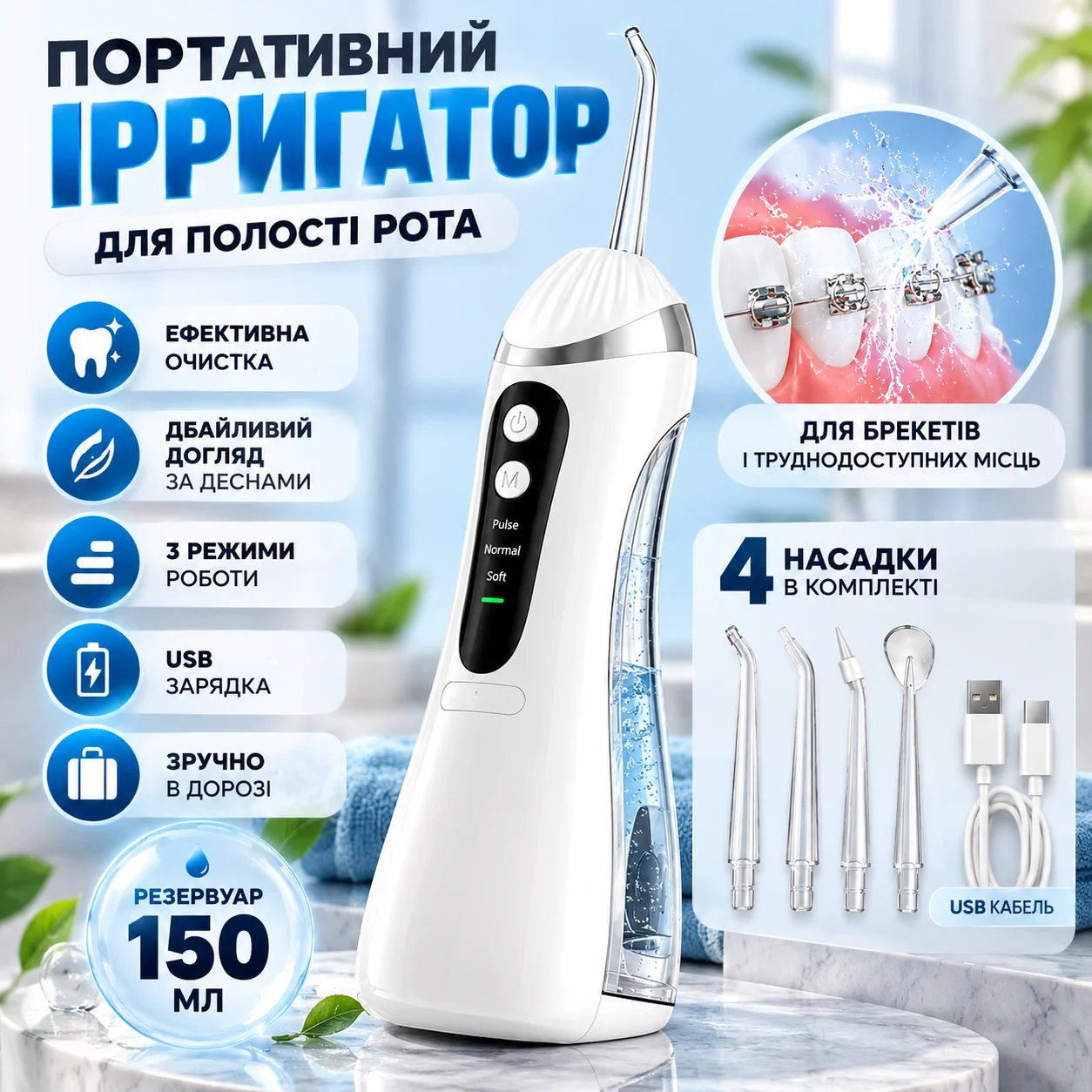 Бездротовий дорожній іригатор для порожнини рота з регулюванням тиску води, USB-заряджання, 150 мл, 4 змінні насадки, білий