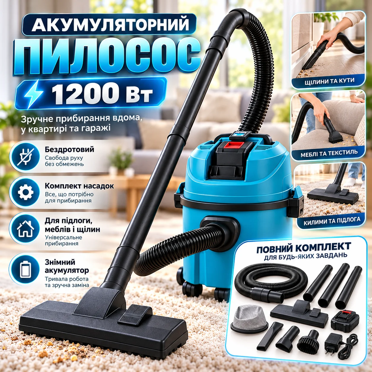 Безпровідний акумуляторний пилосос контейнерного типу 1200 Вт