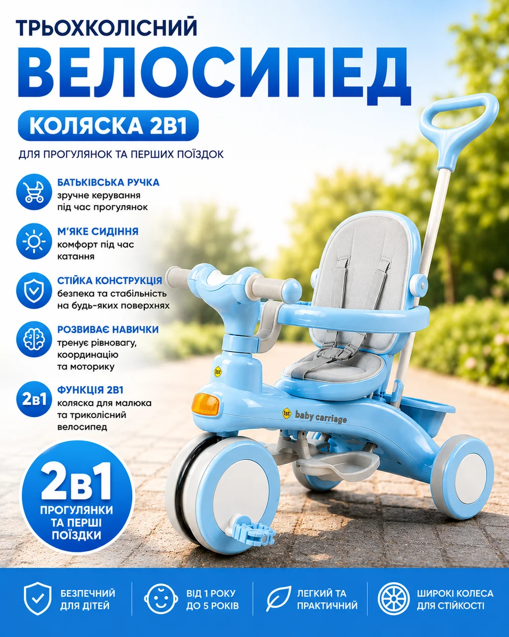 Блакитний триколісний велосипед-коляска 2в1 з батьківською ручкою та козирком