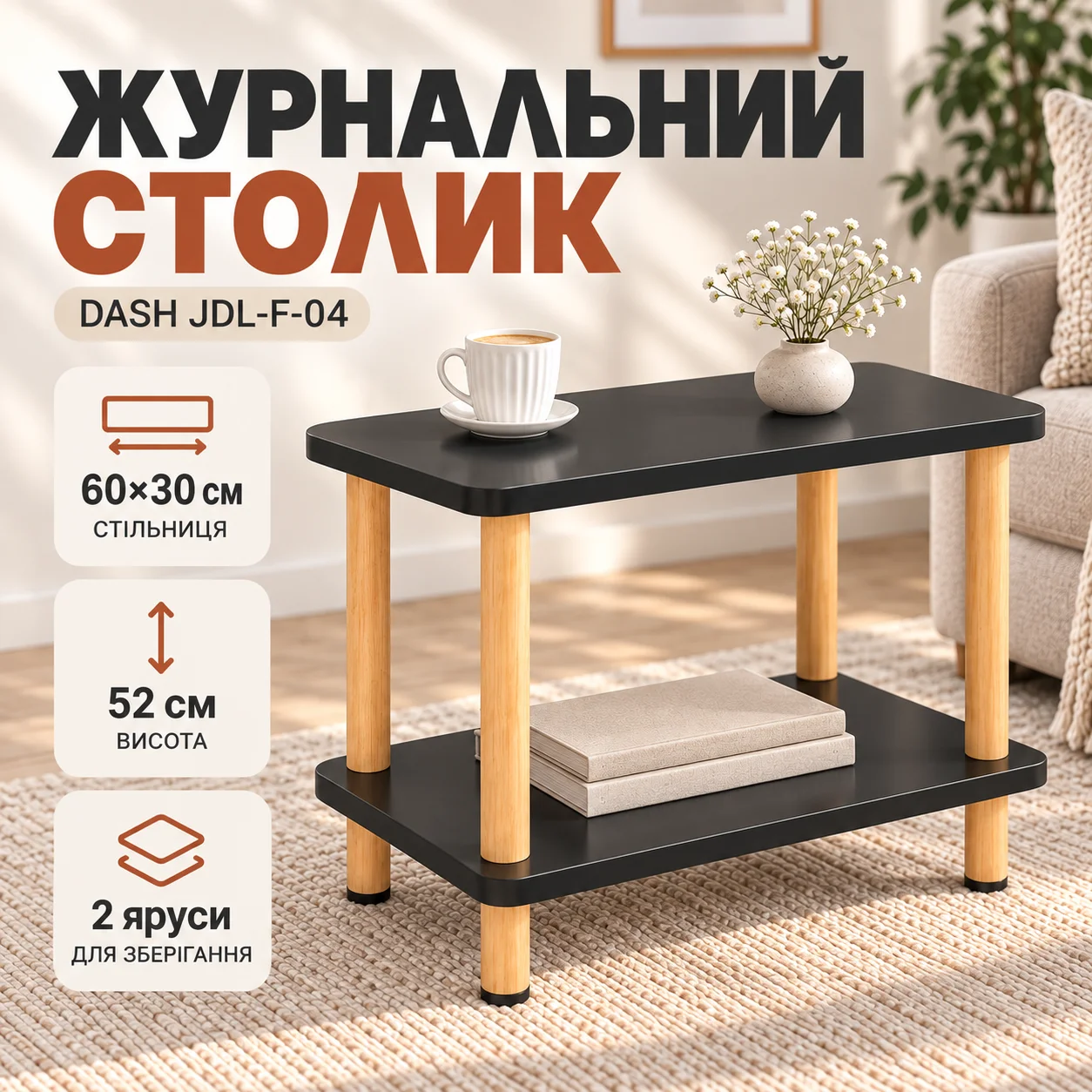 Чорний прямокутний журнальний столик Dash JDL-F-04 з полицею 60×30×52 см