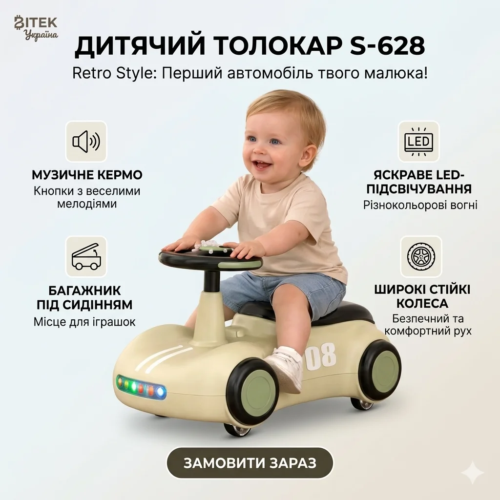 Дитяча машина-толокар S-628 «Retro Style» з LED-підсвічуванням, музичним кермом та багажником (Бежевий)