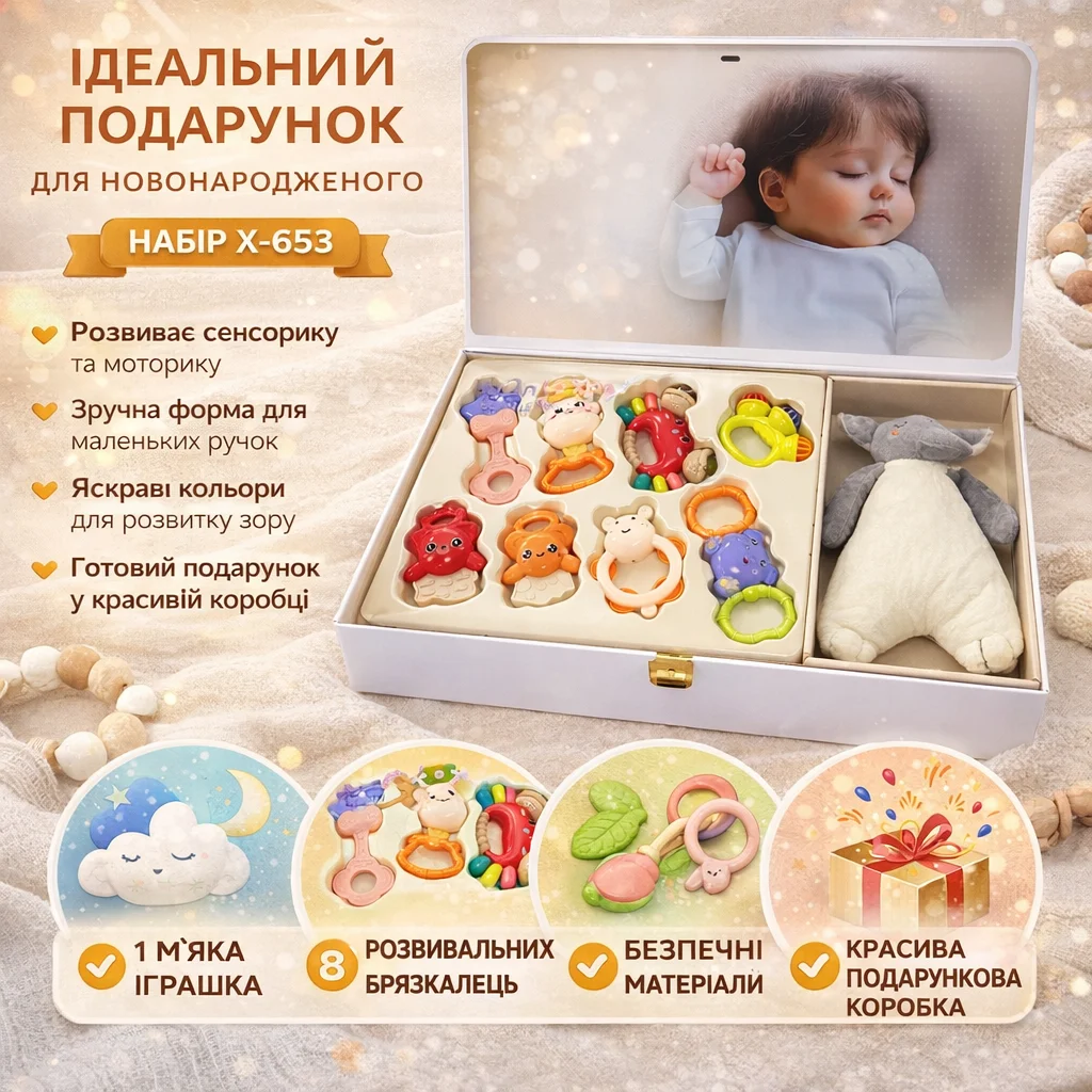 Дитячий набір брязкалець та м’якої іграшки X-653