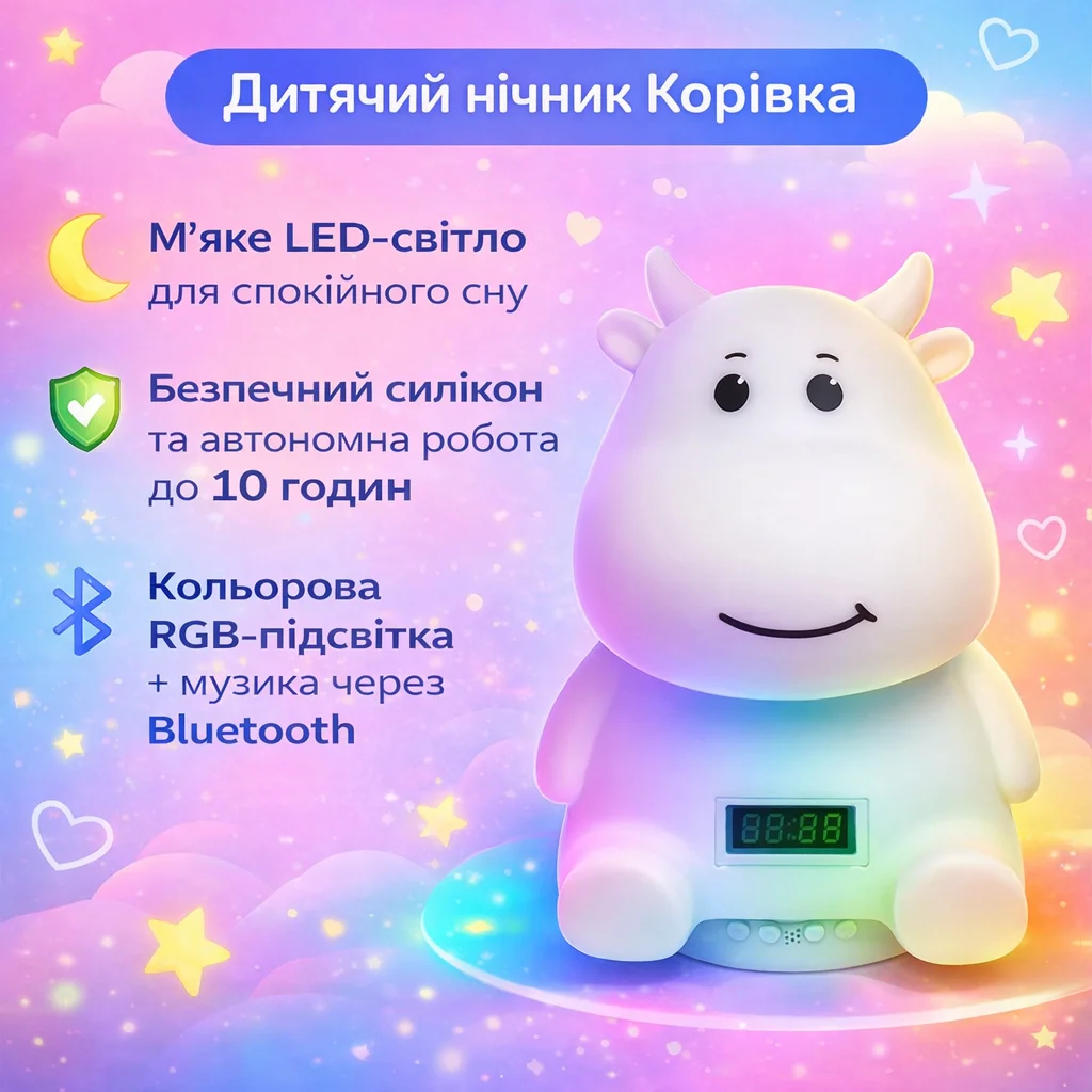Дитячий нічник «Коровка» з м’яким LED-світлом, RGB-підсвіткою, вбудованою Bluetooth-колонкою й електронним годинником