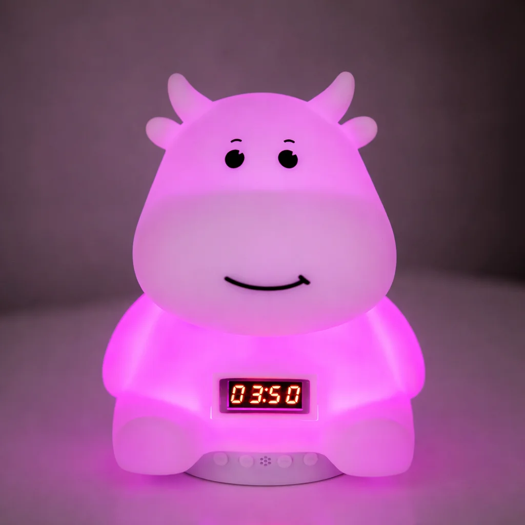Дитячий нічник «Коровка» з м’яким LED-світлом, RGB-підсвіткою, вбудованою Bluetooth-колонкою й електронним годинником