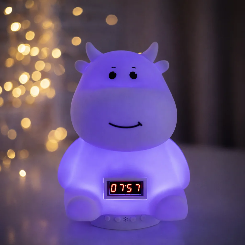 Дитячий нічник «Коровка» з м’яким LED-світлом, RGB-підсвіткою, вбудованою Bluetooth-колонкою й електронним годинником