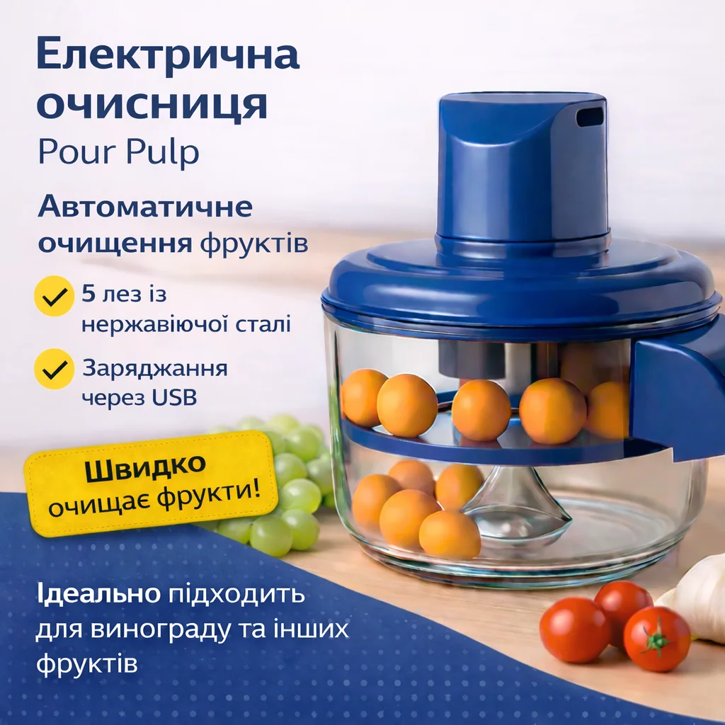 Електрична очищувачка винограду та фруктів, 1 л, USB, 5 лез