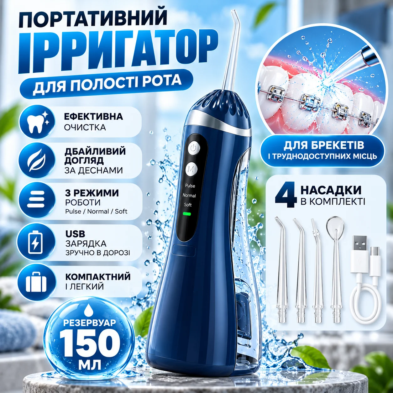 Електричний іригатор для порожнини рота з USB-зарядкою, 150 мл, 4 насадки, синій
