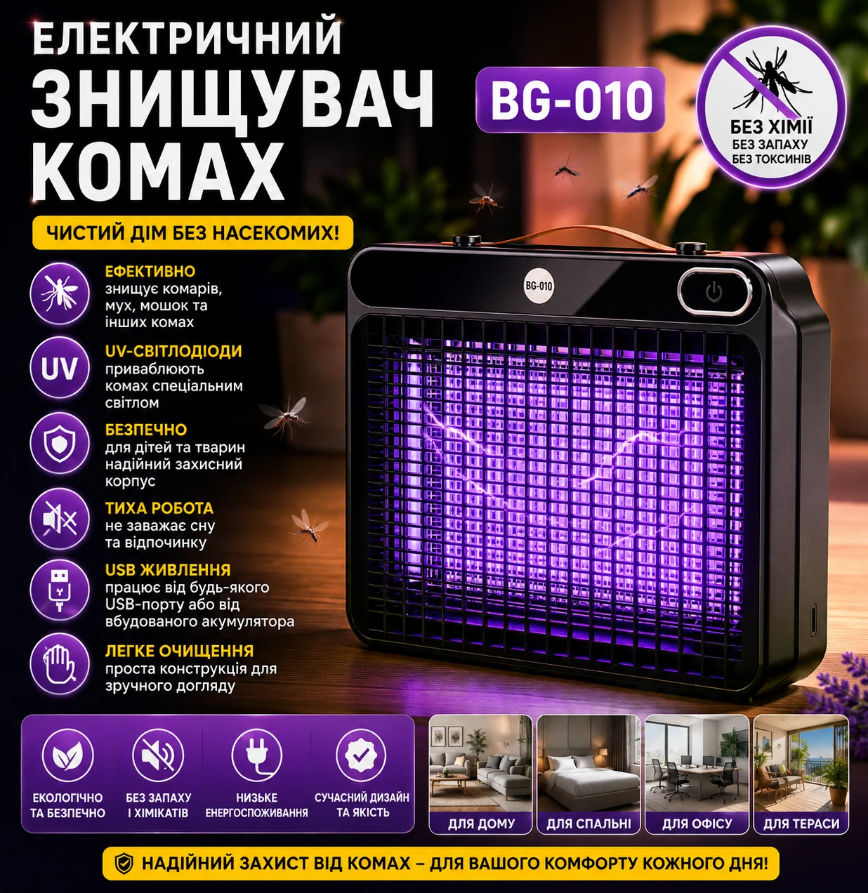 Електричний відлякувач комах BG-010 / УФ-лампа від комарів 360° USB / Настінний знищувач комах