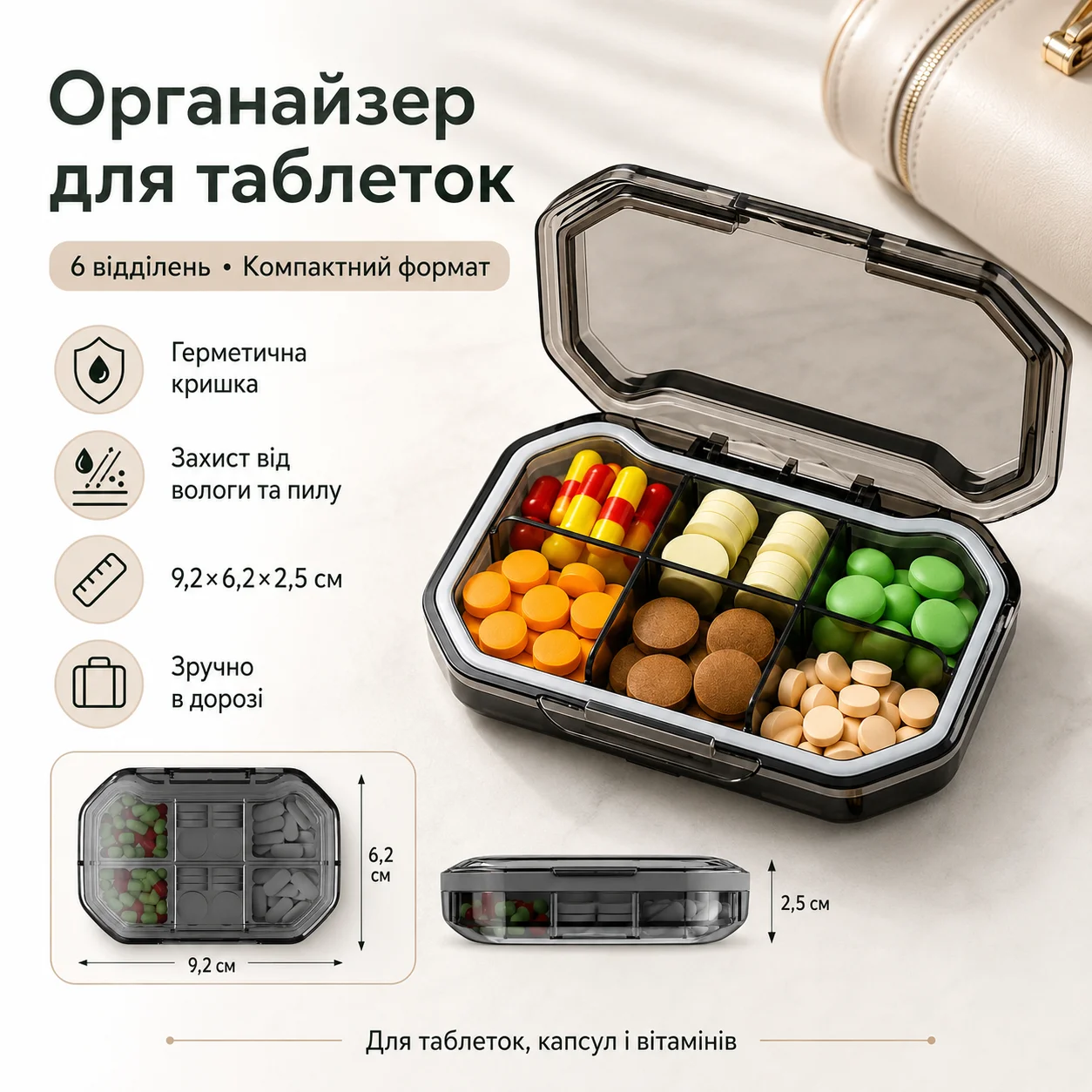Герметична таблетниця на 6 відділень, сірий органайзер для ліків