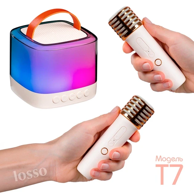 Караоке-мікрофон LOSSO T7 Double з колонкою, бездротовий, білий