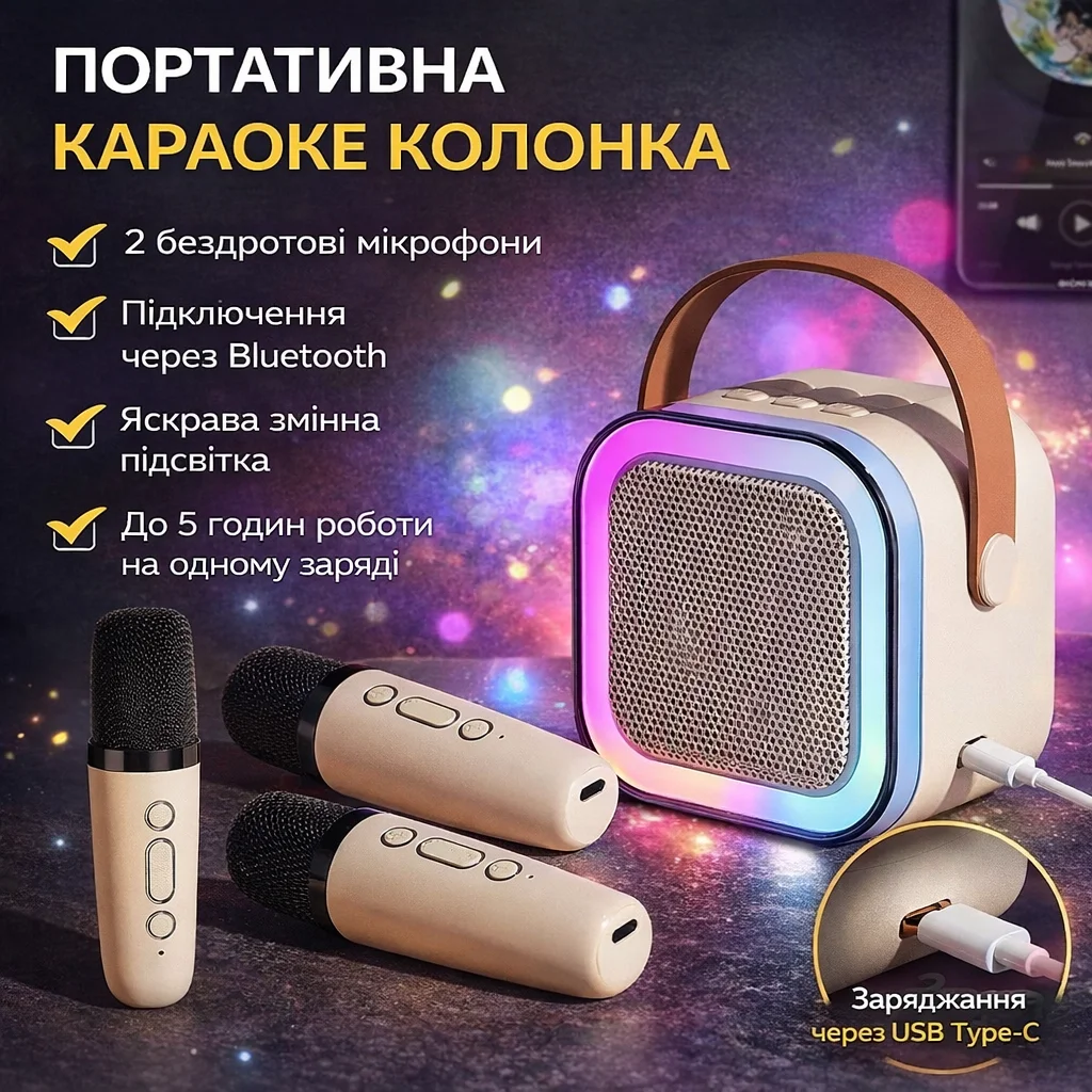 Караоке‑система світлодіодна бездротова з 2 мікрофонами SPEAKER K12