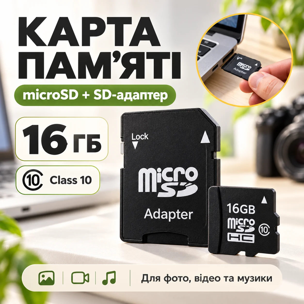 Карта пам'яті microSD 16 ГБ Клас 10 з SD-адаптером