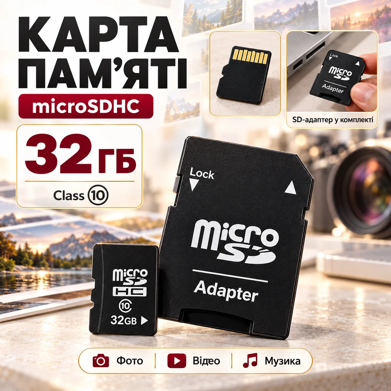 Карта пам'яті microSD 32 ГБ Class 10 із SD-адаптером