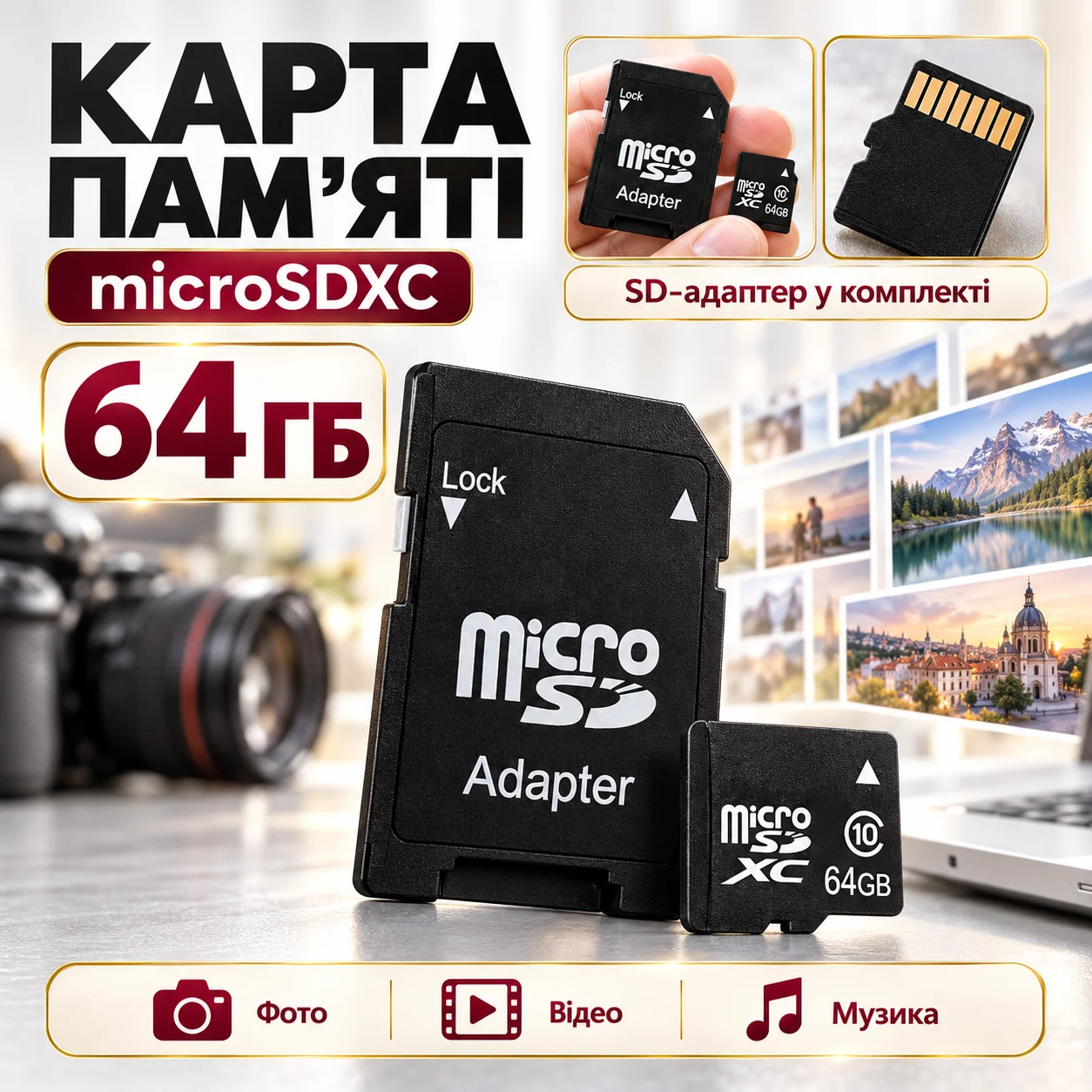 Карта пам’яті microSD 64 ГБ із SD-адаптером (флешка для телефону)