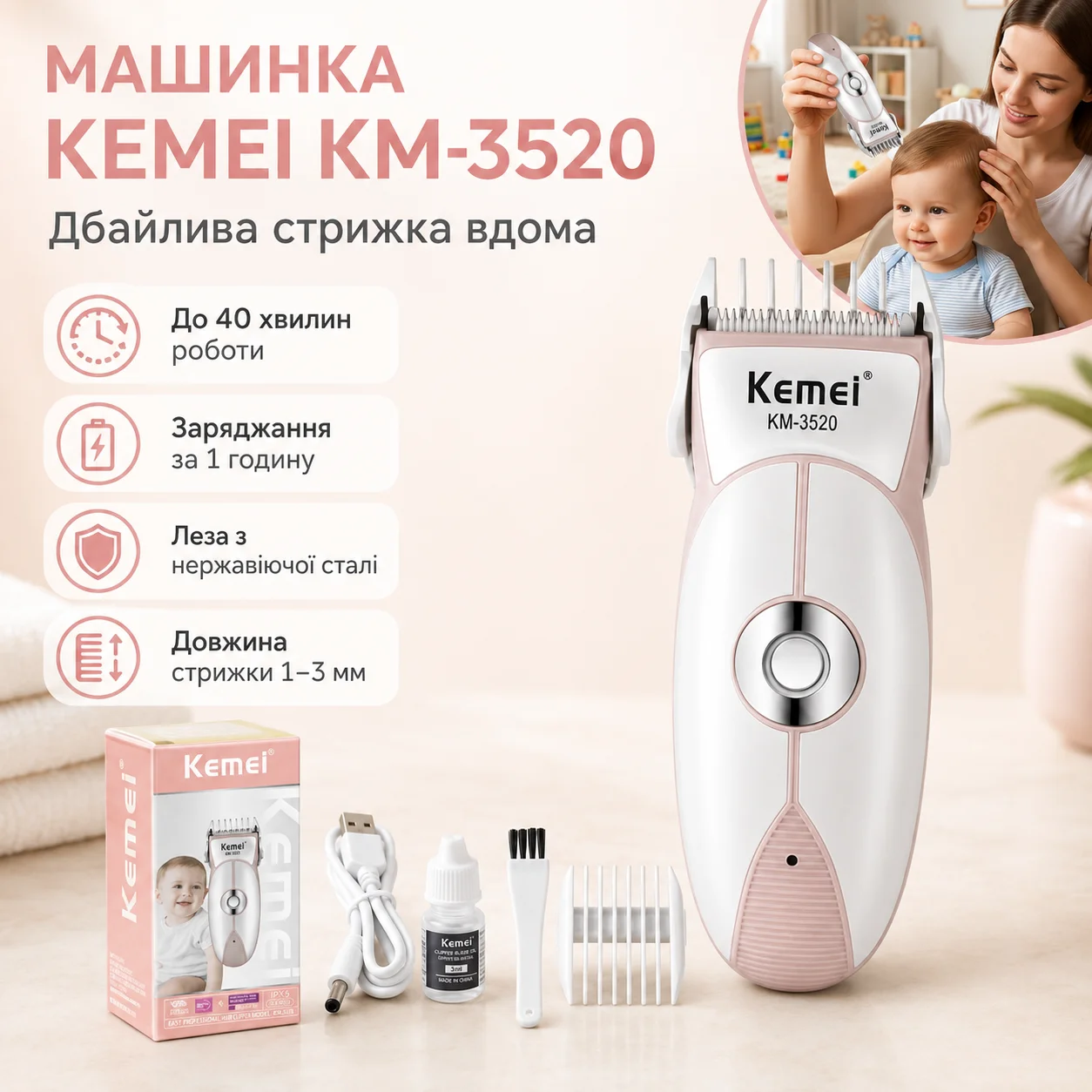 KM-3520 Kemei — машинка для стрижки, USB живлення, сірого кольору