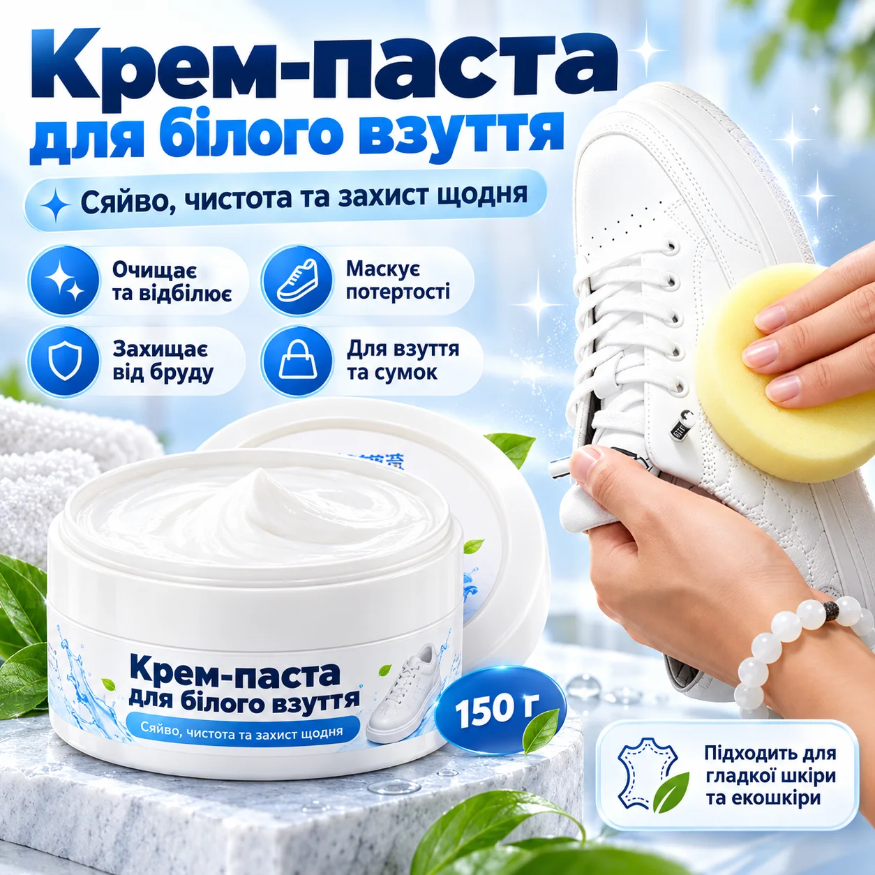 Крем-паста для чищення білого взуття та сумок, 150 г