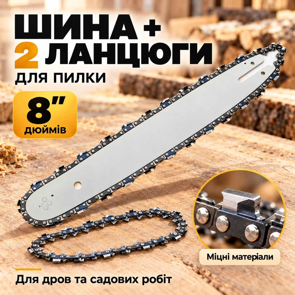 Ланцюг для бензопили 8 дюймів (шина + 2 ланцюги)
