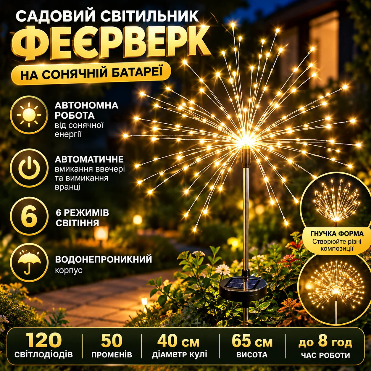 Ліхтар садовий «Феєрверк» від сонячної панелі, 1 шт, 120LED, ShowTime, теплий білий D6039 / Вуличний газонний світильник