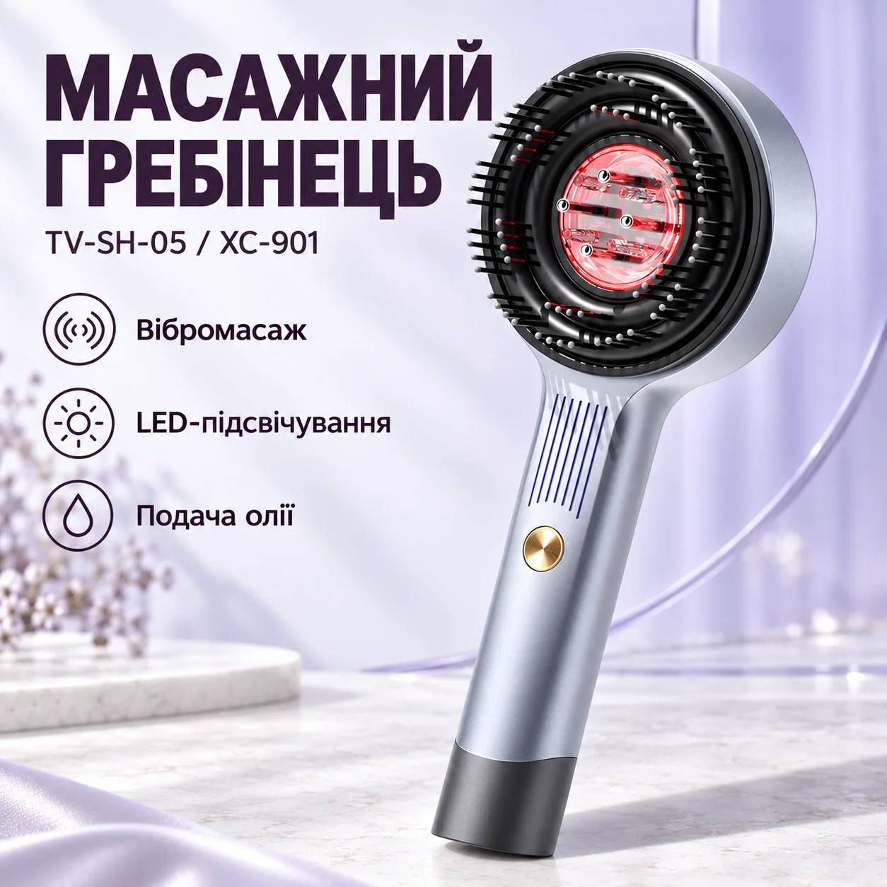 Масажний гребінець для шкіри голови з LED-підсвіткою та подачею доглядових засобів, USB-C, 5 Вт, блакитний