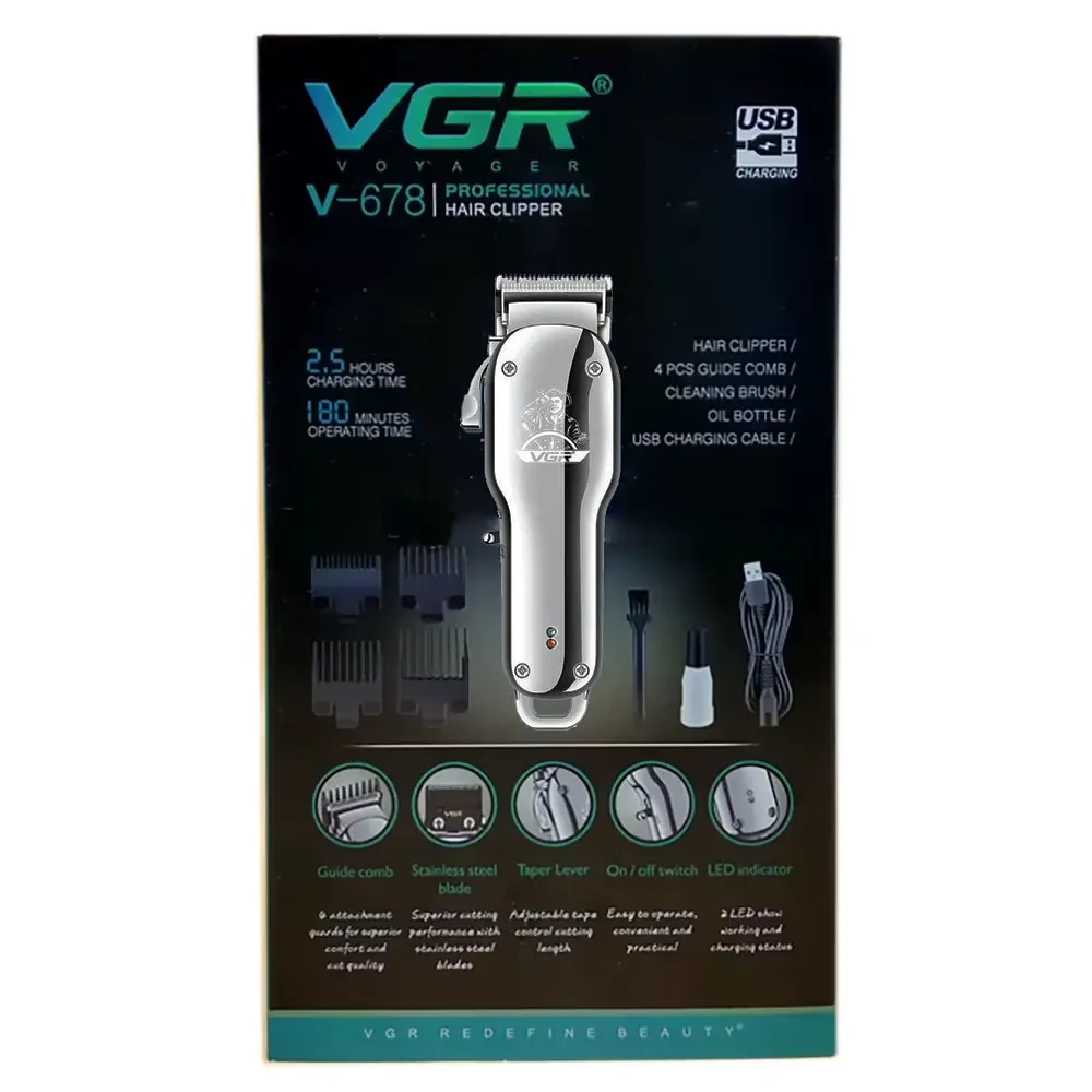 Машинка для стрижки VGR V-678, срібляста, 4 насадки
