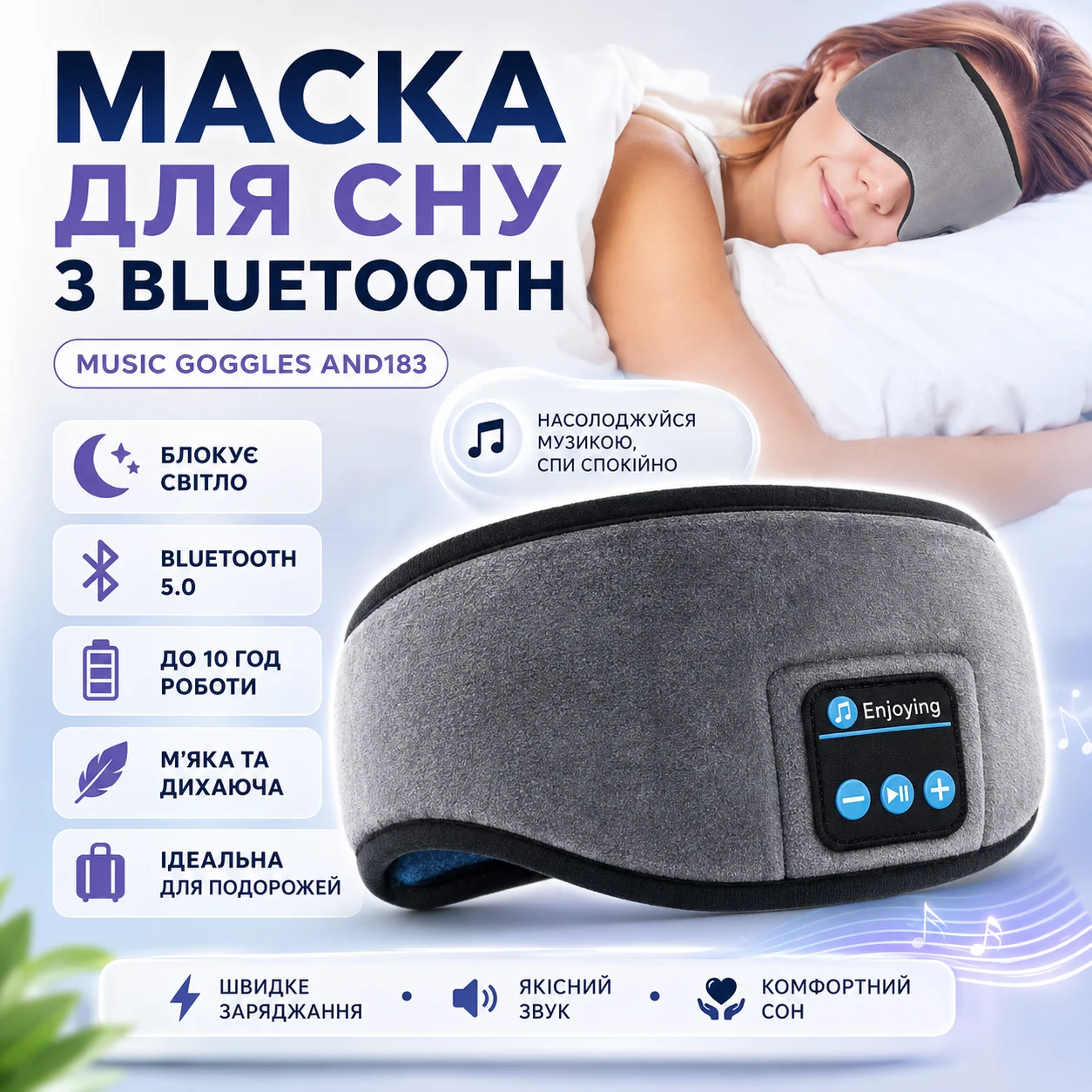 Маска для сну MUSIC GOGGLES A183 з Bluetooth-гарнітурою, сірий
