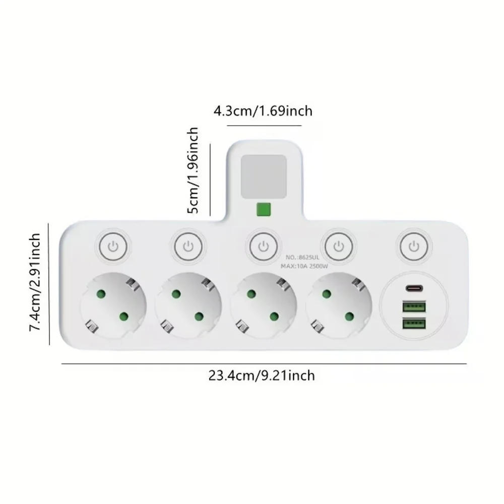 Мережевий фільтр-розгалужувач 8625UL, 4 розетки, 2 USB, 1 PD Type-C, білий, настінний із підсвіткою