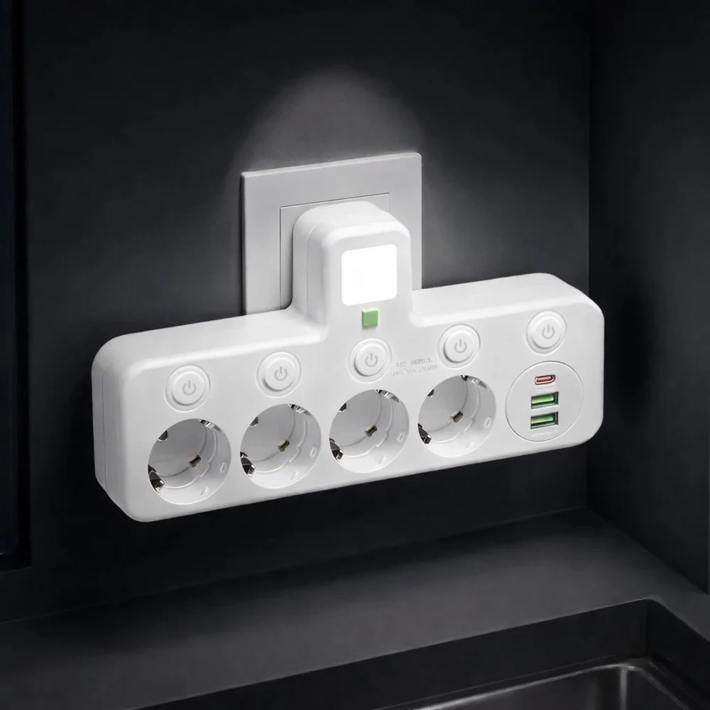Мережевий фільтр-розгалужувач 8625UL, 4 розетки, 2 USB, 1 PD Type-C, білий, настінний із підсвіткою