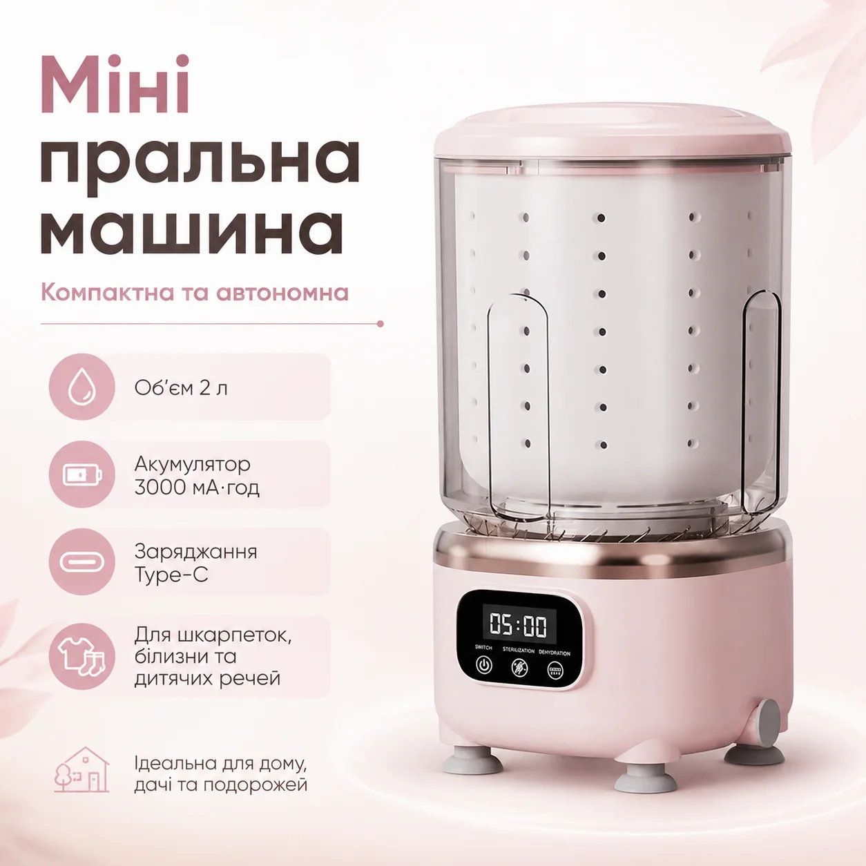 Міні пральна машина 2 л на акумуляторі ND 366, 3000 мА·год, Type-C, рожевий