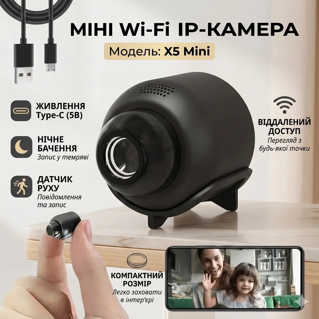 Міні-відеокамера Wi‑Fi X5 Mini з датчиком руху та нічним записом 1080P