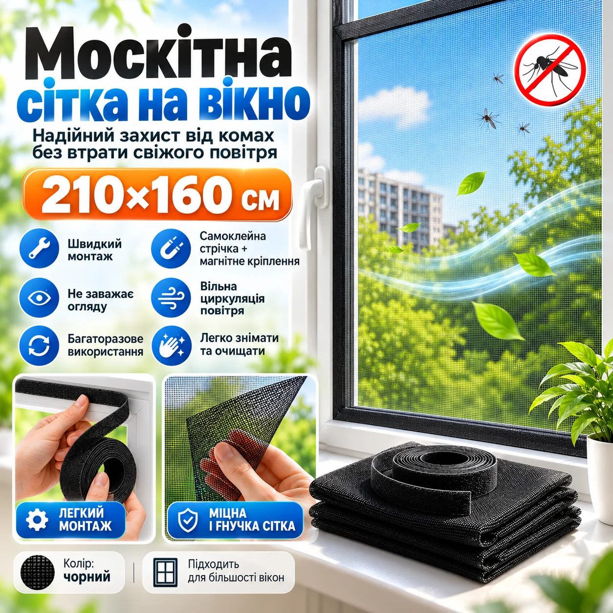 Москітна сітка на вікно з магнітним кріпленням, 210×160 см, чорна