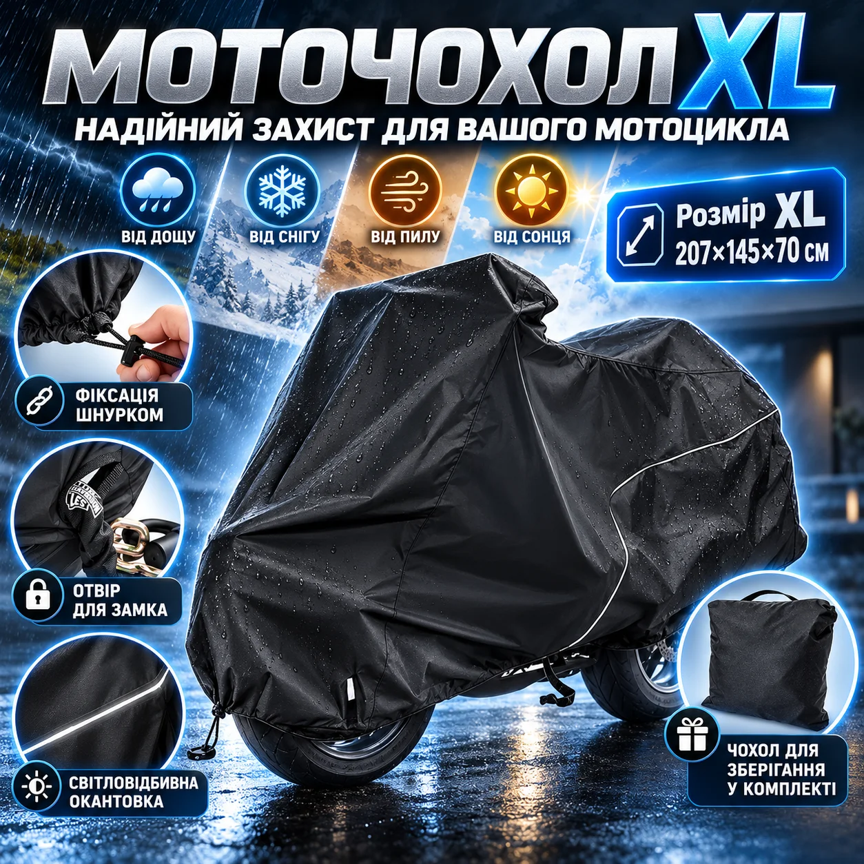 Моточохол XL 207×145×70 см для захисту та зберігання мотоцикла