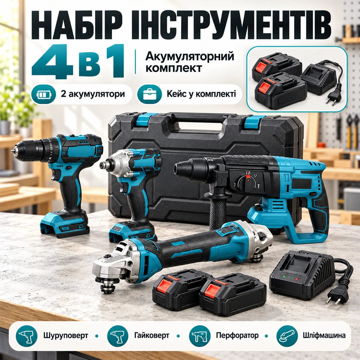 Набір акумуляторного електроінструменту 4 в 1 у валізі — Шуруповерт, Шліфмашина, Перфоратор, Гайковерт