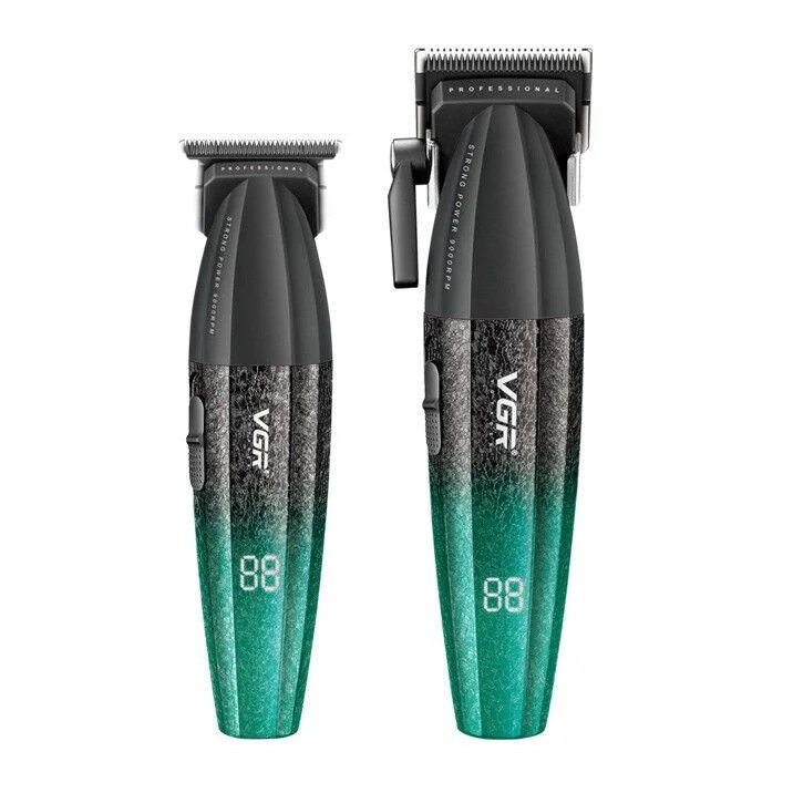Набір для стрижки VGR V-640 GREEN 2 в 1 — акумуляторна машинка для стрижки волосся та тример з LED-дисплеєм, USB-C зарядкою та насадками