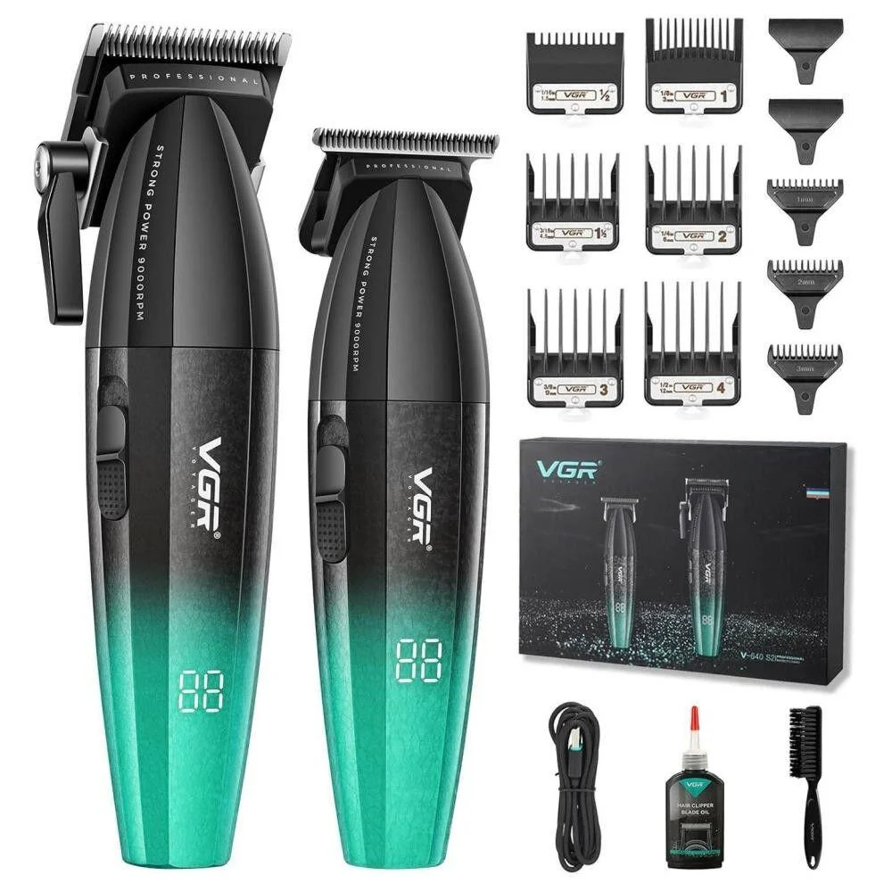 Набір для стрижки VGR V-640 GREEN 2 в 1 — акумуляторна машинка для стрижки волосся та тример з LED-дисплеєм, USB-C зарядкою та насадками