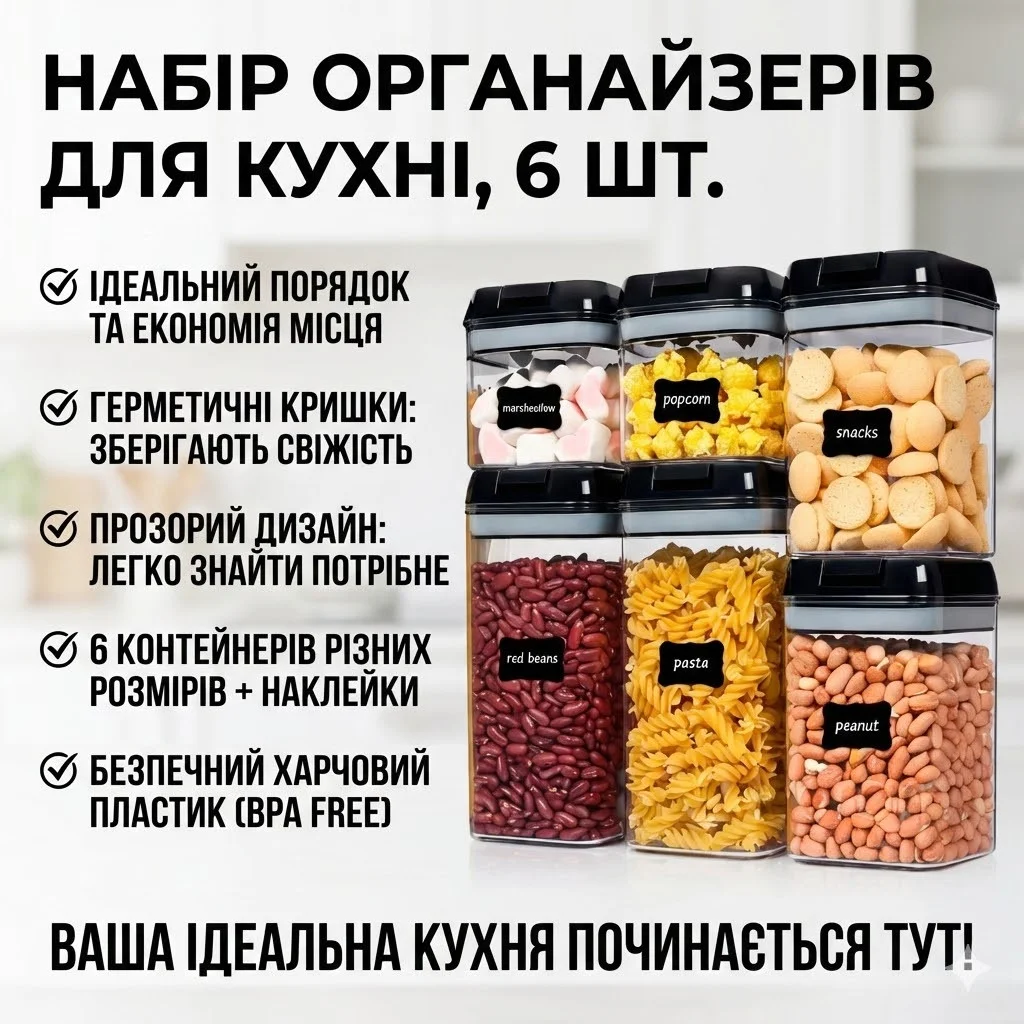 Набір прозорих прямокутних контейнерів для сипких продуктів, 6 шт., з герметичними кришками