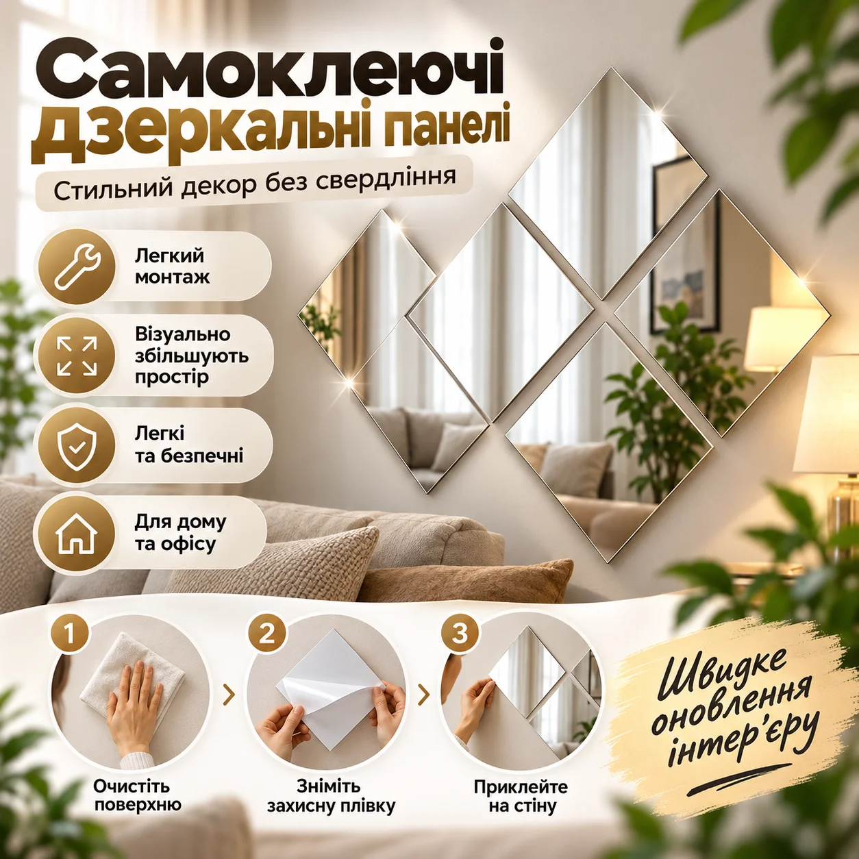 Набір самоклейних дзеркальних акрилових панелей 40×40 см, 4 шт